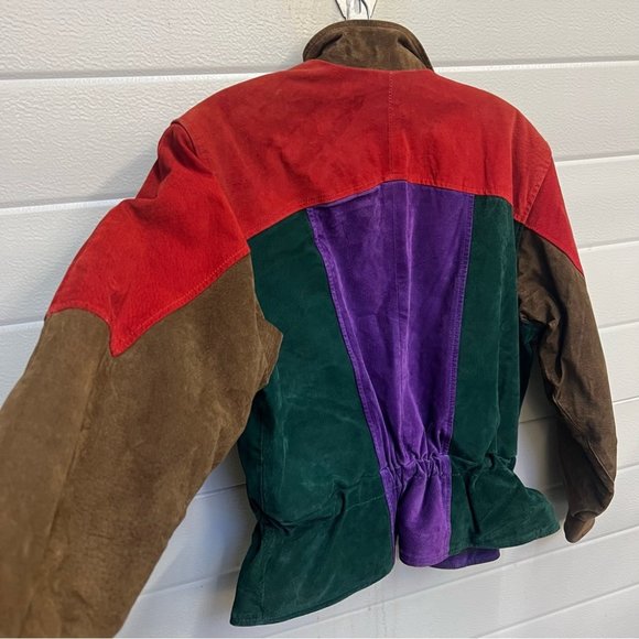 VINTAGE LEATHER SUEDE MULTI COLOR BOMBER JACKET 80S - Picture 10 of 12